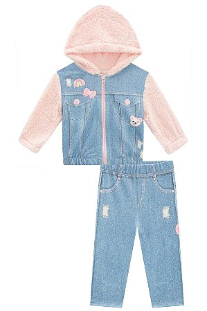 Conjunto Feminino Infantil Manga Longa em Molecotton e Pelo Kukie -Jeans/Rosa REF62677