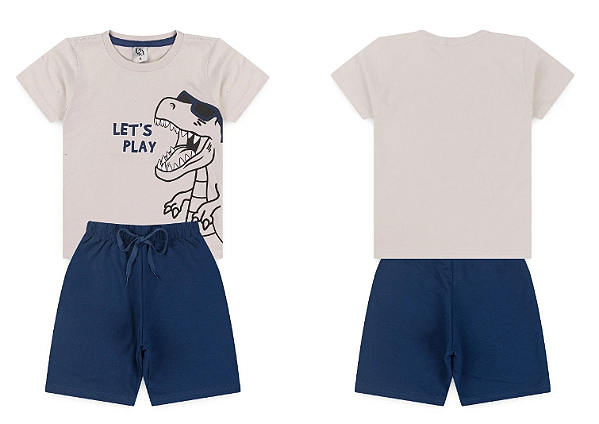 Conjunto Infantil Masculino Dinossauro Camiseta Cinza e Bermuda Moletinho Azul