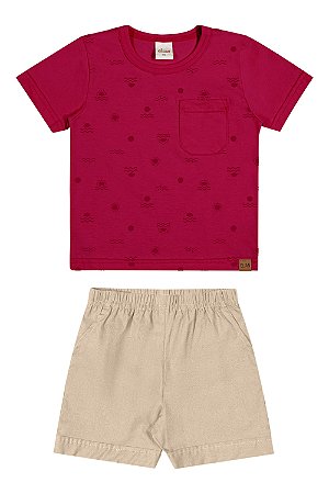 Conjunto Masculino Infantil Camiseta Vermelha e Bermuda Bege - Ref 221640 - Elian
