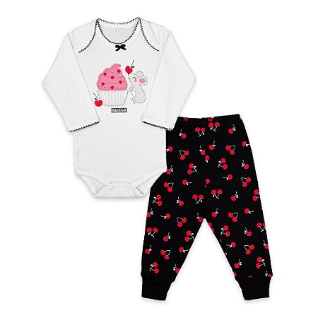 Conjunto Feminino Baby - Body Manga Longa BabyDuck -Rosa/Branco REFJ04-J09