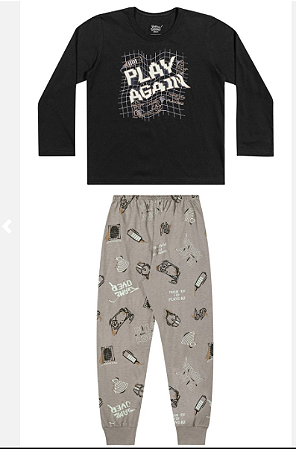Pijama Masculino Manga Longa Camiseta Preta e Calça Com Punho Cinza - Elian - Ref 12120