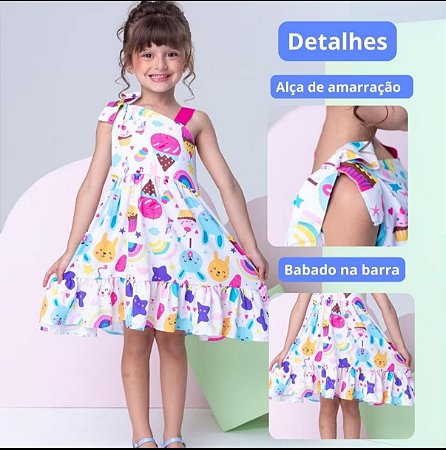 Vestido Infantil Menina Estampado  Rodado - Colorido Para Festa