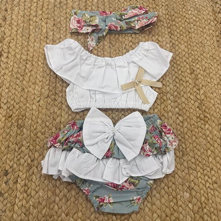 Conjunto Banho de Sol Bebê Menina Croped e Tapa Fralda Com Laço e Tiara - Bilu Teteia