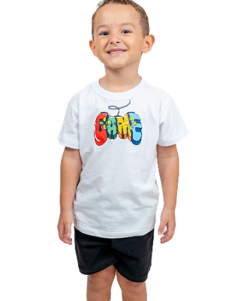 Conjunto Masculino Infantil Gamer Camiseta Branca e Bermuda Moletinho Preta - Marca do Robo