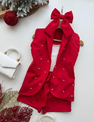 Conjunto Feminino Infantil - Colete com Perolas e Short Alfaiataria - Vermelho