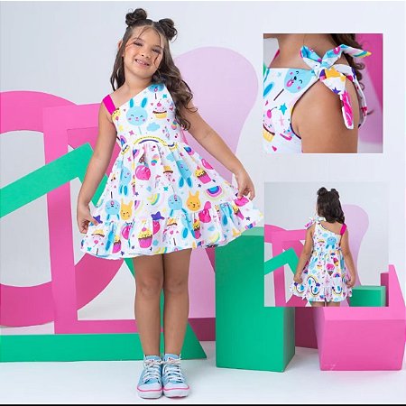 Vestido Infantil - Alça - Branco com Estampa Colorida