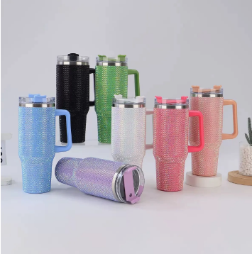 Copo Térmico - Inox 1,200 ml - Alça Tampa Canudo - Strass Vácuo - Cores