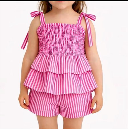 Conjunto Infantil Menina - Listrado Rosa - Com Blusa Latex e Babados e Short