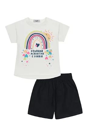 Conjunto Femenino Infantil Primeiros Passos Blusa Branco Arco-Iris e Shrot Azul - Ref 86261
