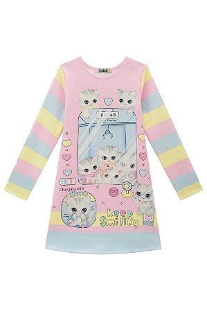 Vestido Infantil Manga Longa em Fly Tech Kukie -Rosa Estampado REF63418