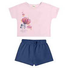Conjunto Feminino Juvenil Blusa em Meia Malha Manga Curta e Short Moletinho - Ref 251838 - Elian