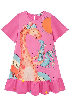 Vestido Infantil Manga Curta Girafa em Meia Malha Kukie -Rosa REF60209