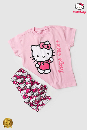 Conjunto Feminino Hello Kitty Camiseta Rosa e Short Coton Estampado - Hello kitty - Ref 350007