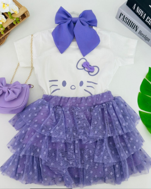 Conjunto Feminino Hello Kitty Gatinha Off Lilas - Saia Tule