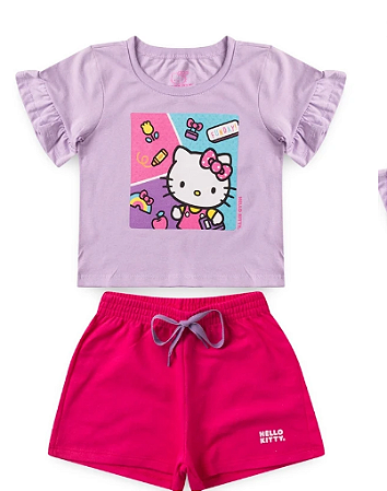 Conjunto Feminino Blusa Lilas e Short Pink Hello Kitty