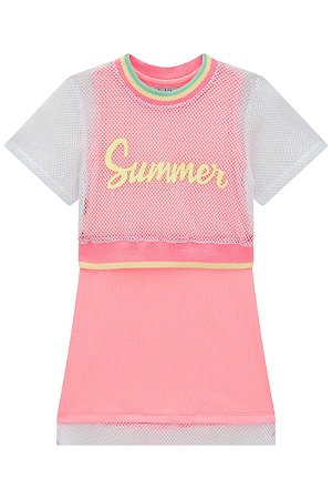 Conjunto Infantil de Vestido com Blusa Boxy Over em Tela Kukie -Rosa Neon REF61293