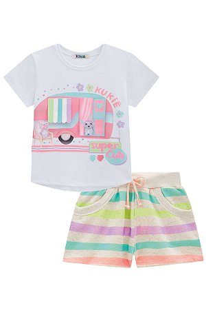 Conjunto Feminino Infantil de Blusa e Shorts Comfy Kukie -Branco/Colorido REF60777