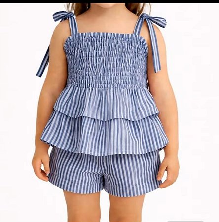 Conjunto Infantil Menina - Listrado Azul - Com Blusa Latex e Babados e Short