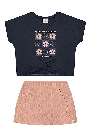 Conjunto Feminino Croped Blusa Azul Flor  e Short Saia Salmão - Elian - Ref 251911