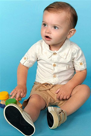 Camisa Masculina Infantil Manga Curta em Tecido Linho LucBoo -Off REF60932