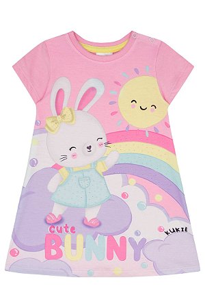 Vestido Infantil Manga Curta em Meia Malha Bunny Kukie -Rosa REF60338