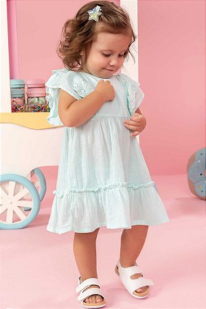 Vestido Infantil e Tapa Fralda em Tecido Enrugado Infanti -Verde Agua REF60530