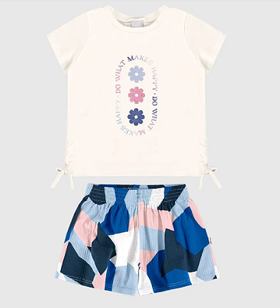Conjunto Infantil Menina Blusa Off Do What Makes Happy e Short Azul - Malwee Kids - Ref 127288