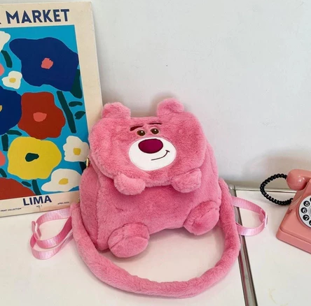 Bolsa e Mochila Infantil Peluciada - Urso Rosa