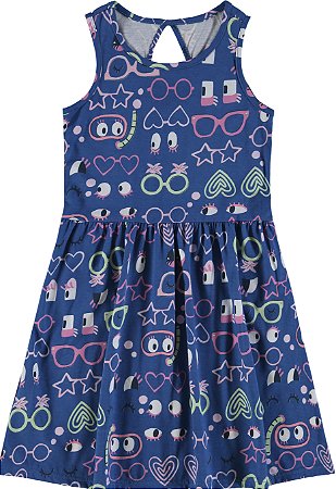 Vestido Infantil Manga Curta Evasê em Meia Malha -Azul Estampado REF101491