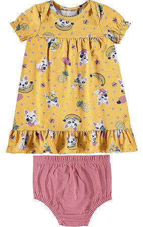 Vestido Infantil Manga Curta em Cotton Malwee - Amarelo Cachorrinhos REF101877