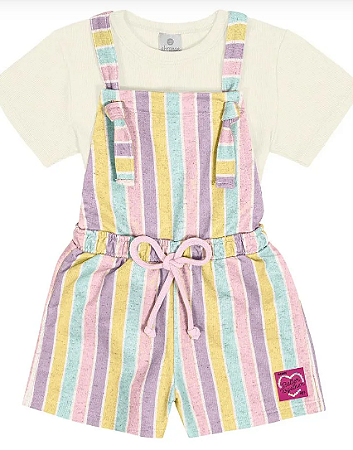 Conjunto Infantil Feminino Blusa Off E Jardineira Listrada Colorida - Abrange - Ref 11968