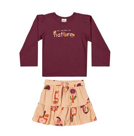 Conjunto Infantil Menina Blusa Marsala Manga Longa e Saia com Short Estampada - Glitter Nature - Elian - Ref 232351