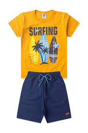 Conjunto Masculino Infantil Surfing - Look Havaiano - Mostarda/azul