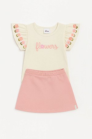 Conjunto Feminino Infantil Blusa Bege com detalhe Flor na Manga e Short Saia Rosa - Elian - Ref 232173
