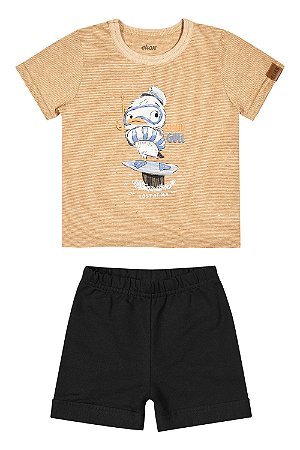 Conjunto Masculino Infantil Camiseta Mc Pato Bege e Short Moletinho Preto - Elian - Ref 201294