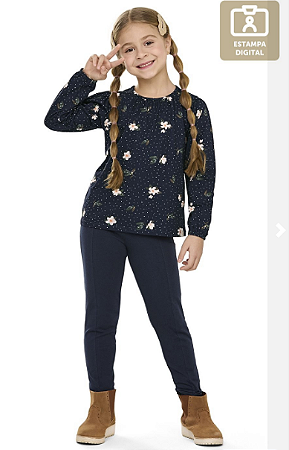 Conjunto Feminino Blusa Florida Azul Manga Longa Fina e Calça Legging Flanelada Azul - Elian - Ref 251992