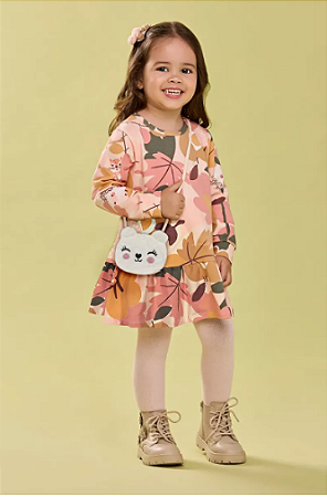 Vestido Feminino Infantil Manga Longa Estampado C/ Bolsa Ursinha - Elian - Ref 232337