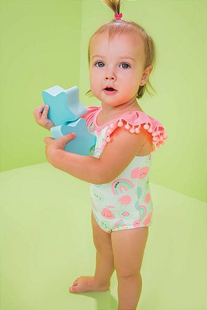Maiô Infantil em Malha com Proteção UV50+ e Detalhes em Pompom Kukie -Verde/Rosa REF60893