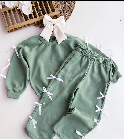 Conjunto feminino Casual de 2 Peças, Blusão e Calça de Moletom Flanelado verde  Com Decoração de Laço Branco