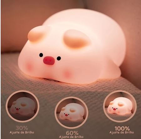Luminária Abajur - Porquinho Led Infantil - Luz Noturno Silicone - Porquinho Muda de Cor