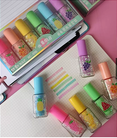 Kit com 6 Marca Texto - Formato de Esmalte - Com Cheirinho de Frutas - (FRUIT FRAGRANCE)