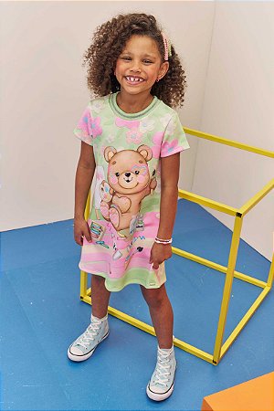 Vestido em Fly Tech Verde Com Urso - Ref 74026 - Infanti