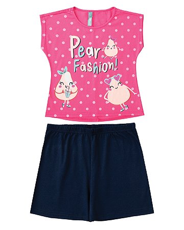 Pijama Feminino Infantil Estampado em Algodão Malwee -Rosa/Marinho REF91675