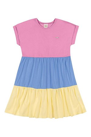 Vestido Infantil Manga Curta Tres Marias Elian  -Rosa Azul e Amarelo -REF251687