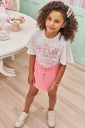 Conjunto de Blusa em Cotton Off com Short Saia Rosa em Viscose Linho - Ref 75028 - Infanti