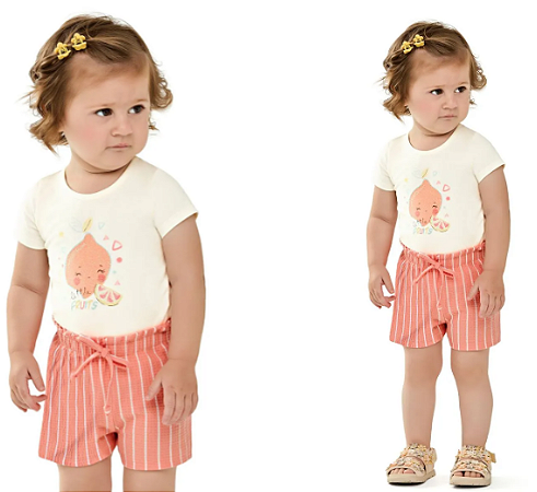 Conjunto Curto Bebê Menina Frutinhas - Off Salmão - Elian - Ref 211596