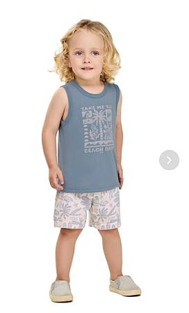 Conjunto Infantil Menino Com Regata e Bermuda Tropical - Elian - Azul / Off Estampado - Ref 221597