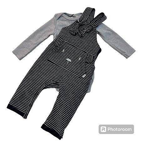 Jardineira Longa Preto e Cinza + Body Manga Longa Canelado Cinza - Luc.Boo - Ref 45699