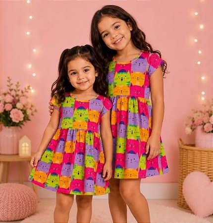 Vestido Infantil Menina - Estampa De Gatinhos Verão - Colorido