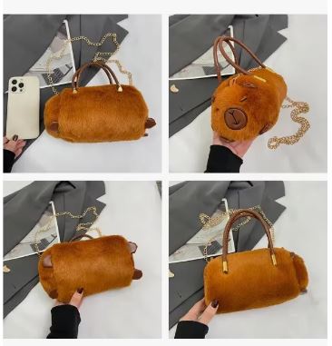 Bolsa Feminina Infantil Transversal/Bolsa de Mão Portátil com Estampa Fofa de Gato E Capivara